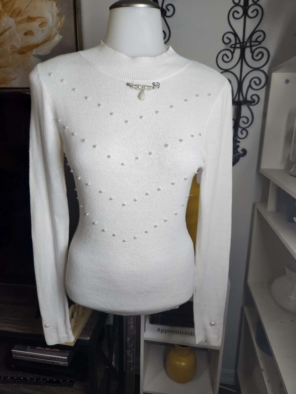 Express White Pearl-Accent Mock Neck Sweater